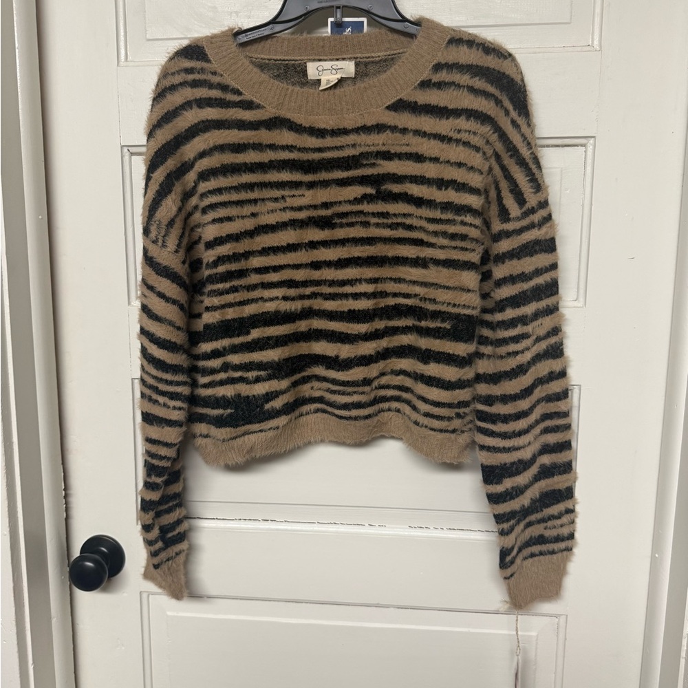 Jessica Simpson Women's Brown and Black Striped Fuzzy Crewneck Sweater